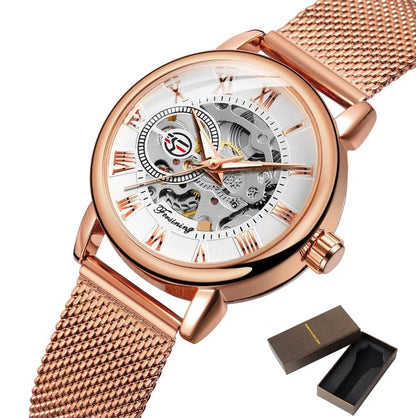 Forsining Women’s Rose Gold Skeleton Mechanical Watch | Stainless Steel Case, Roman Numeral Display, Hand Wind Wristwatch FSL8099RW with box