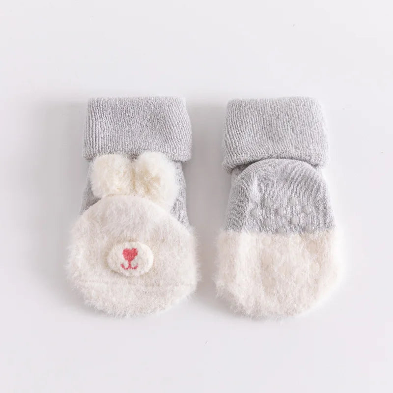 Toddler Socks Newborn Baby Winter Thick Prewalker Boys Autumn Terry Cotton Girl Infant Skidproof Sole Kids Cartoon Sock 0-3T Grey Socks