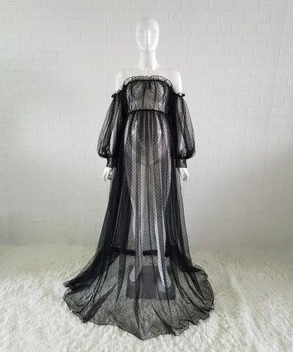 White Dot Tulle Maternity Dress See-Through Photo Shoot Long Lantern Sleeve BLACK