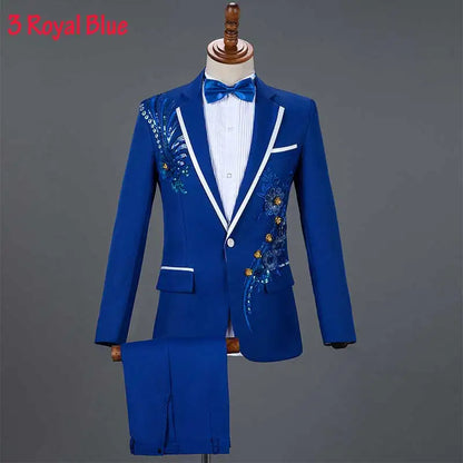 White Wedding Groom Suit - Slim Fit Tuxedo with Diamond Embroidery for Men | Stylish 3-Piece Outfit Royal Blue