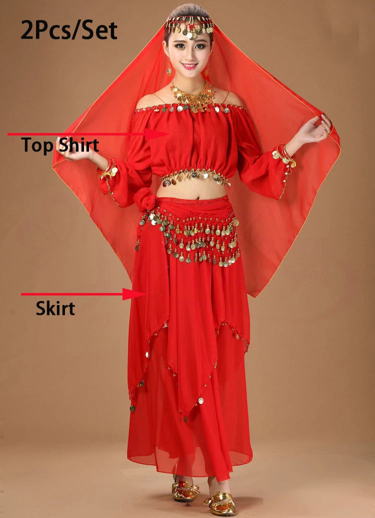 Women's Purple Belly Dance Costume Set | Chiffon Coin Long Sleeve Top & Skirt 2pcs Red One Size