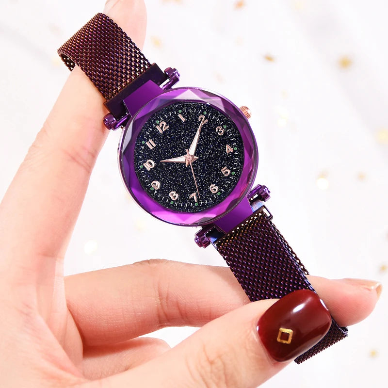 Luxury Women's Magnetic Mesh Belt Watch | Starry Sky Quartz Wristwatch | Fashionable Stainless Steel Ladies Clock