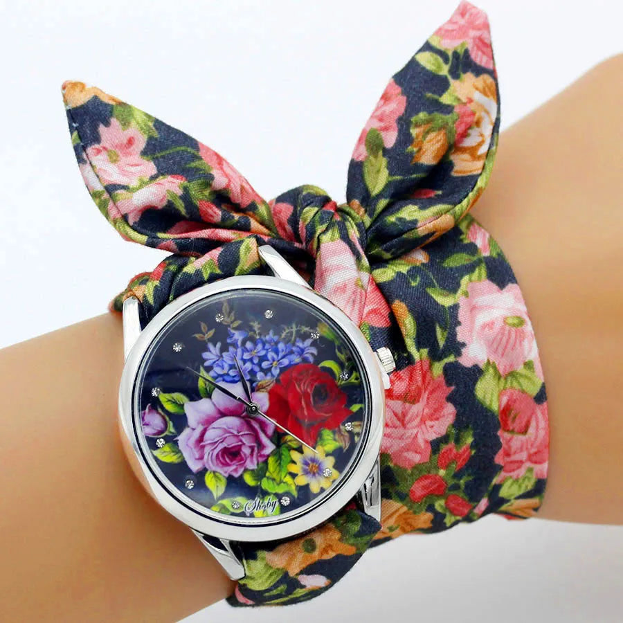 Ladies Flower Cloth Wristwatch - High-Quality Fashion Bracelet Watch for Women silver 36