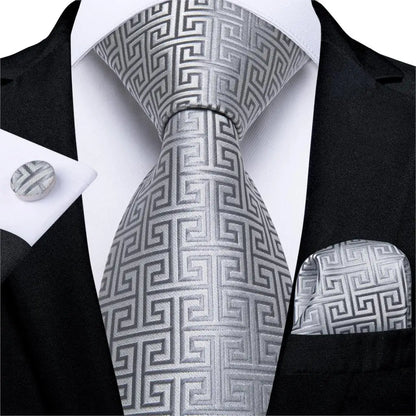 DiBanGu Mens Necktie Silver Gray Striped Design Silk Wedding Tie For Men Tie Hanky Cufflink Tie Set Business Party Dropshipping MJ-0484