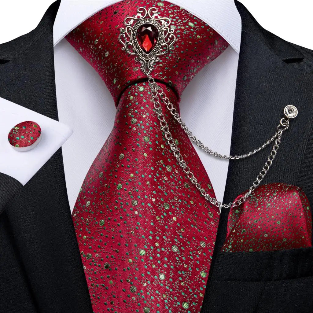 Fashion Green Dot Red 8cm Men's Silk Tie Business Wedding Party Necktie Handkerchief Brooch Cufflinks Set Men's Gift Tie DiBanGu 7262-XZ-0010