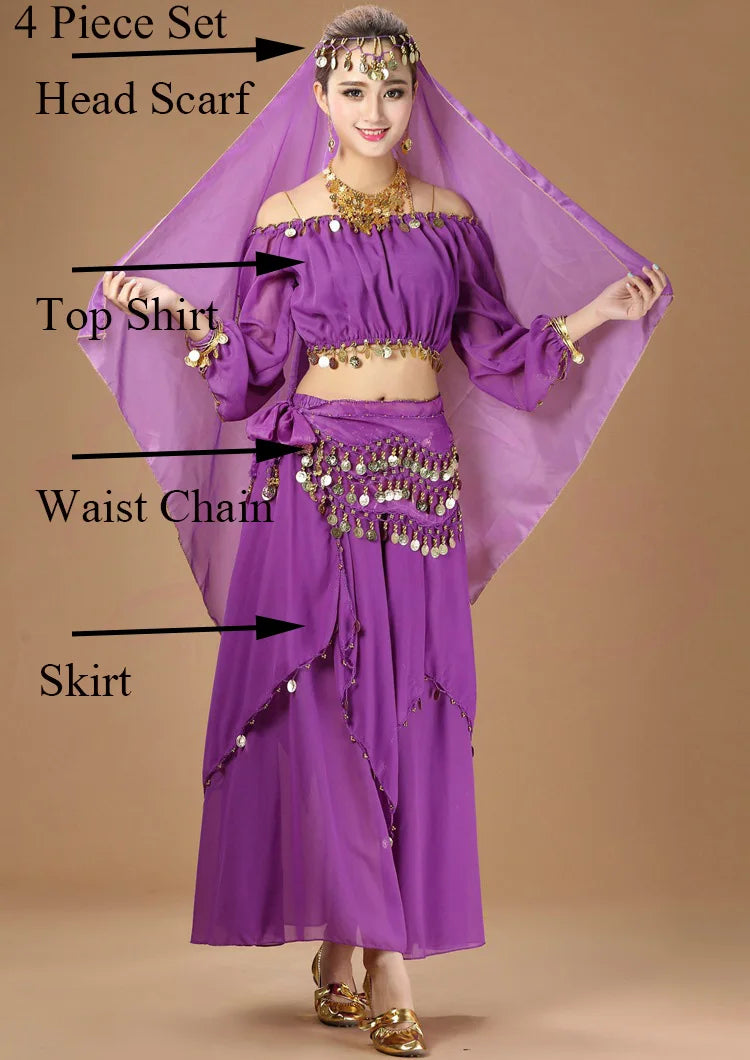 Women's Purple Belly Dance Costume Set | Chiffon Coin Long Sleeve Top & Skirt 4pcs Purple One Size