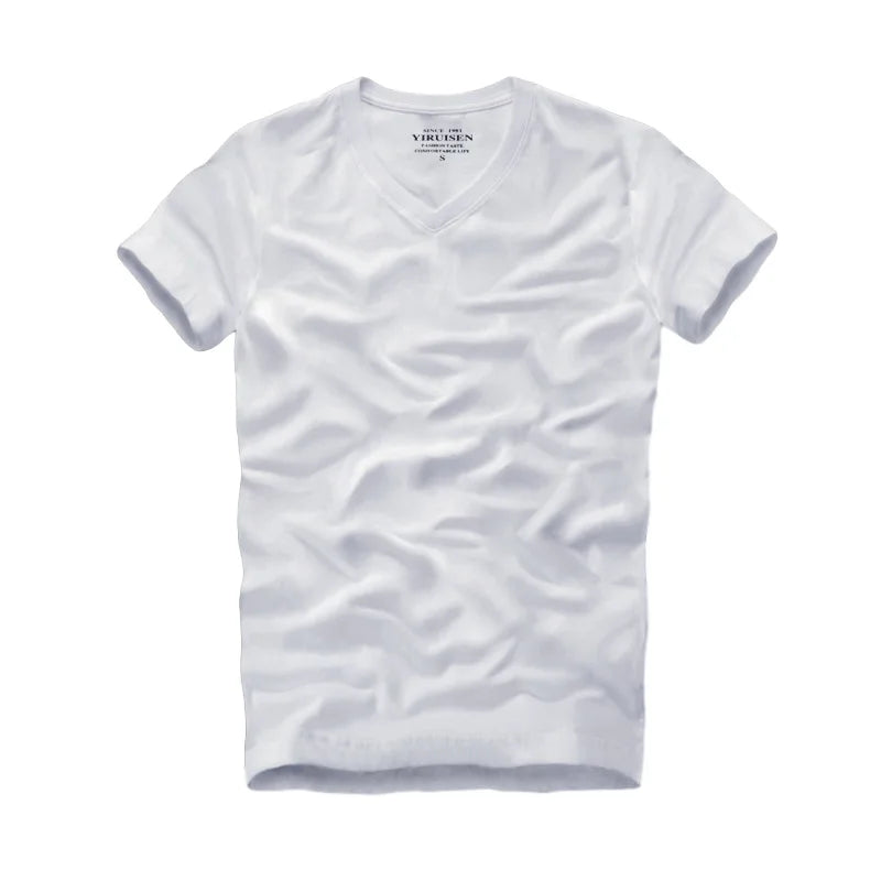 Men Tshirt 100% Cotton Solid Color O-Neck Short Sleeve T shirt Male High Quality white V neck