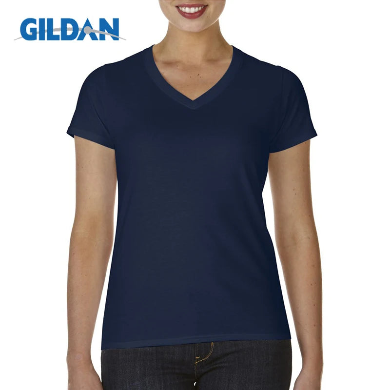 Gildan Brand Women Summer V Neck Short Sleeve Cotton T Shirt Slim Camiseta Feminina T Shirts Female Oversized Tops Tees Navy Blue