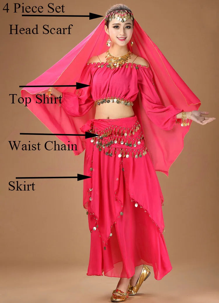 Women's Purple Belly Dance Costume Set | Chiffon Coin Long Sleeve Top & Skirt 4pcs Hot Pink One Size