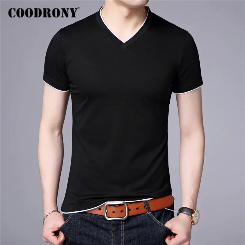 COODRONY Brand Summer Short Sleeve T Shirt Men Cotton Tee Shirt Homme Streetwear Casual V-Neck T-Shirt Men Clothing Tops C5102S black