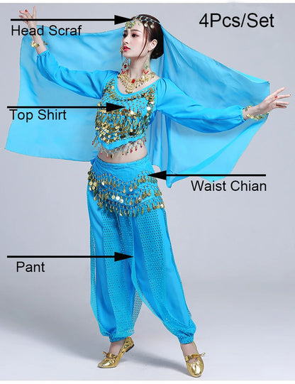 Women's Bollywood Belly Dance Costume Set – Indian Dance Outfit for Stage Performances Lake Blue 4pcs One Size