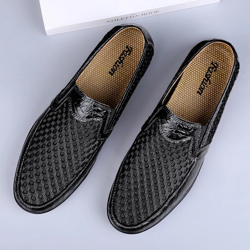 FUQIAO 2024 Men's Summer Casual Shoes Soft Mesh Leather Loafers