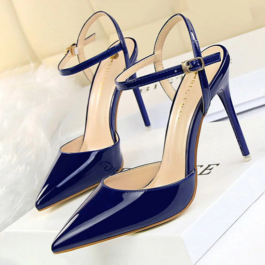 BIGTREE Fashion High Heels - Patent Leather Pointed Toe Pumps | Super High Thin Stiletto Heels | Blue & Silver Sandals for Women blue