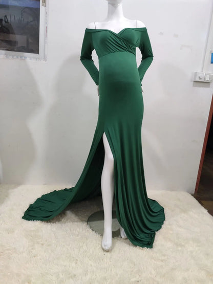 Maxi Off Shoulder Long Sleeve Dress for Pregnant Women green dress