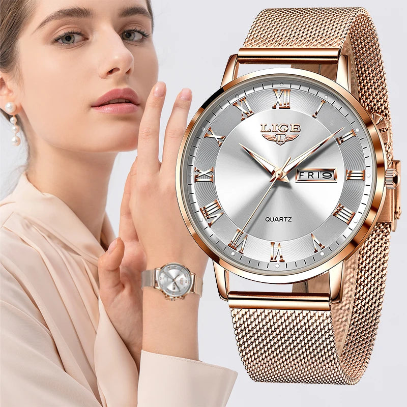 LIGE 2024 Luxury Ladies Watch | Waterproof Rose Gold Steel Strap Wristwatch | Top Brand Bracelet Clocks