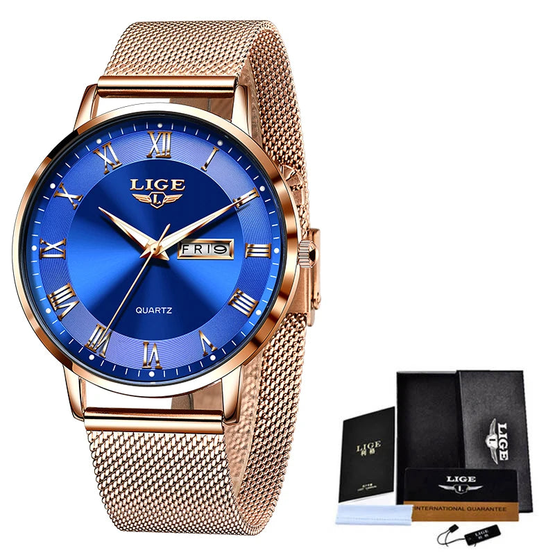 LIGE 2024 Luxury Ladies Watch | Waterproof Rose Gold Steel Strap Wristwatch | Top Brand Bracelet Clocks Rose gold blue