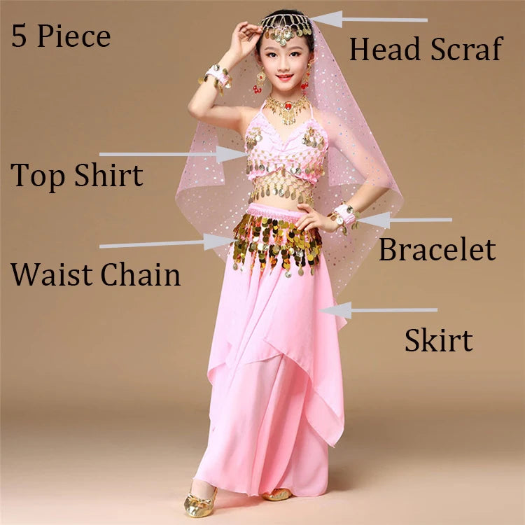 5-Piece Pink Kids Belly Dance Costume Set – Oriental Dance & Indian Dance Outfit for Girls Hot Pink 5 Piece