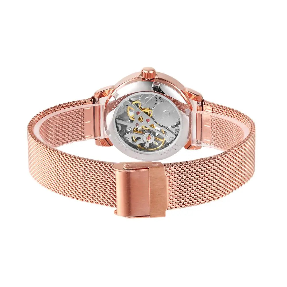 Forsining Women’s Rose Gold Skeleton Mechanical Watch | Stainless Steel Case, Roman Numeral Display, Hand Wind Wristwatch