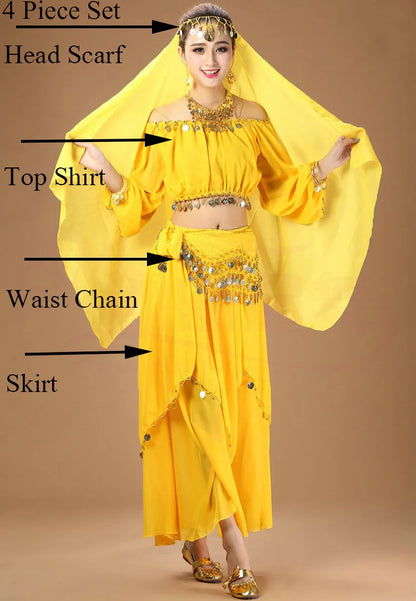 Women's Purple Belly Dance Costume Set | Chiffon Coin Long Sleeve Top & Skirt 4pcs Yellow One Size