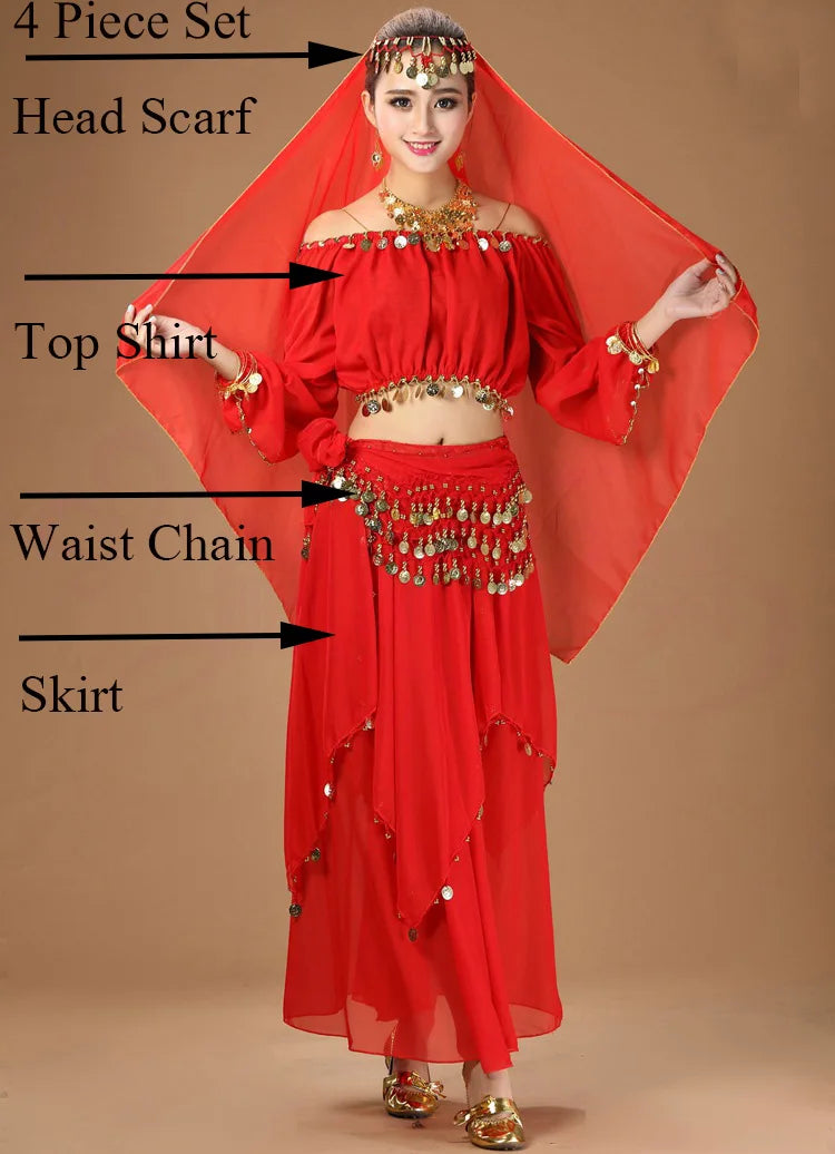 Women's Purple Belly Dance Costume Set | Chiffon Coin Long Sleeve Top & Skirt 4pcs Red One Size