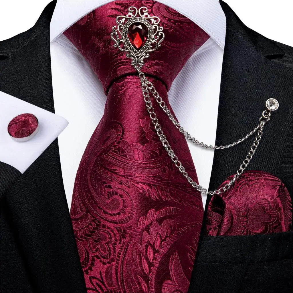 Fashion Green Dot Red 8cm Men's Silk Tie Business Wedding Party Necktie Handkerchief Brooch Cufflinks Set Men's Gift Tie DiBanGu 7189-XZ-0010