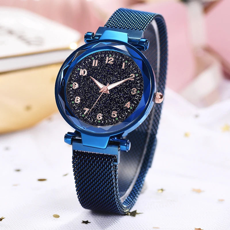 Luxury Women's Magnetic Mesh Belt Watch | Starry Sky Quartz Wristwatch | Fashionable Stainless Steel Ladies Clock