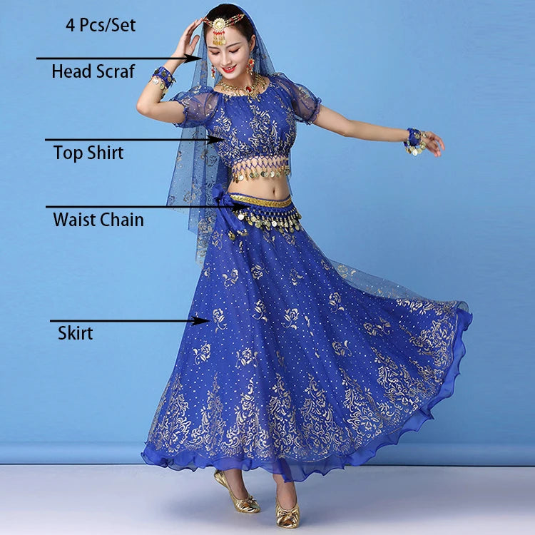 Lady Egypt Dance Wear | Bollywood Indian Dance Costume Set | Adult Belly Dancing Clothes | 4-Piece Skirt Set Blue One Size