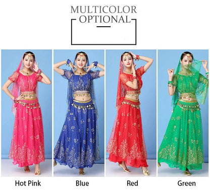 Lady Egypt Dance Wear | Bollywood Indian Dance Costume Set | Adult Belly Dancing Clothes | 4-Piece Skirt Set