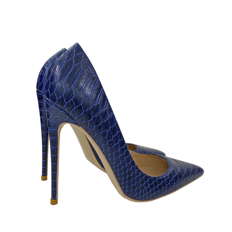 Pointed Toe Stiletto Low-cut Shoes Women Dark Blue 12CM