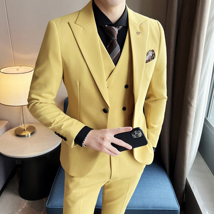 Slim Fit Three-Piece Suit with Double Buckle in Solid Color for Light Business Wear.