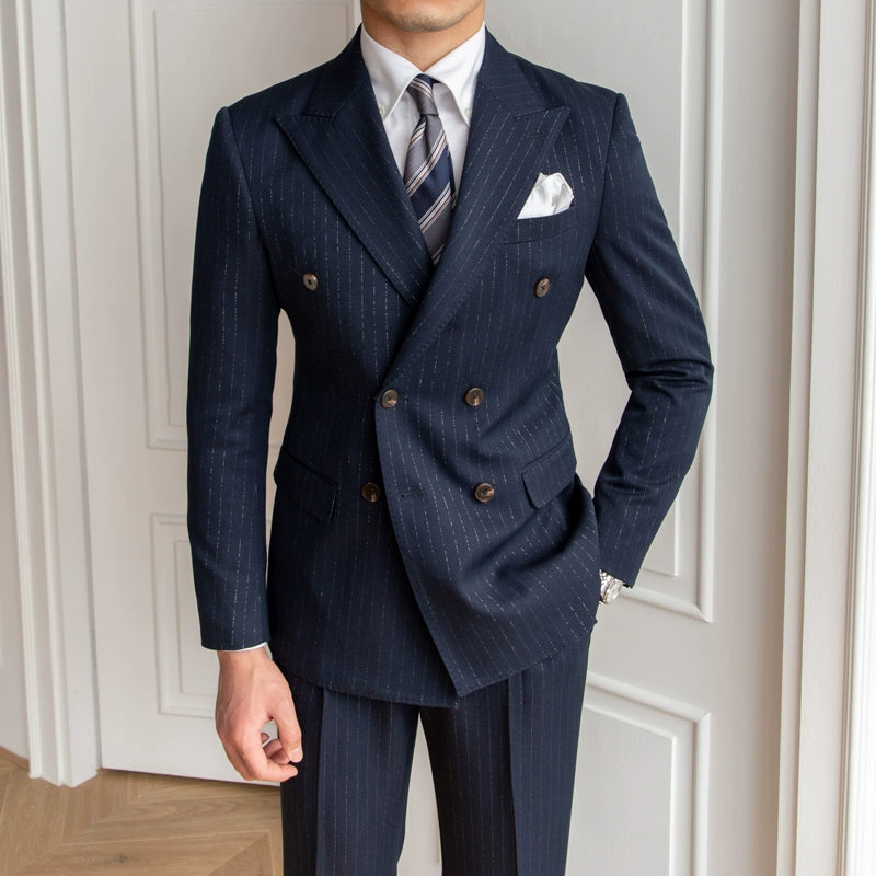 Stripes Elegant British Casual Retro Suit Suit Navy