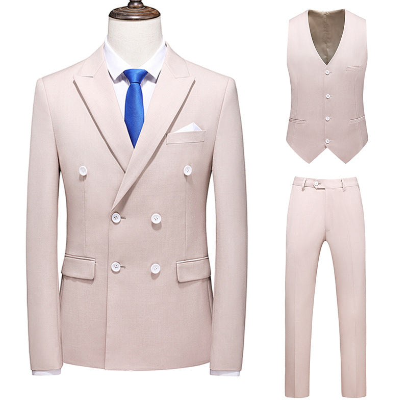 Men's Oversized Double Breasted Solid Color Suit Three Piece Set Apricot