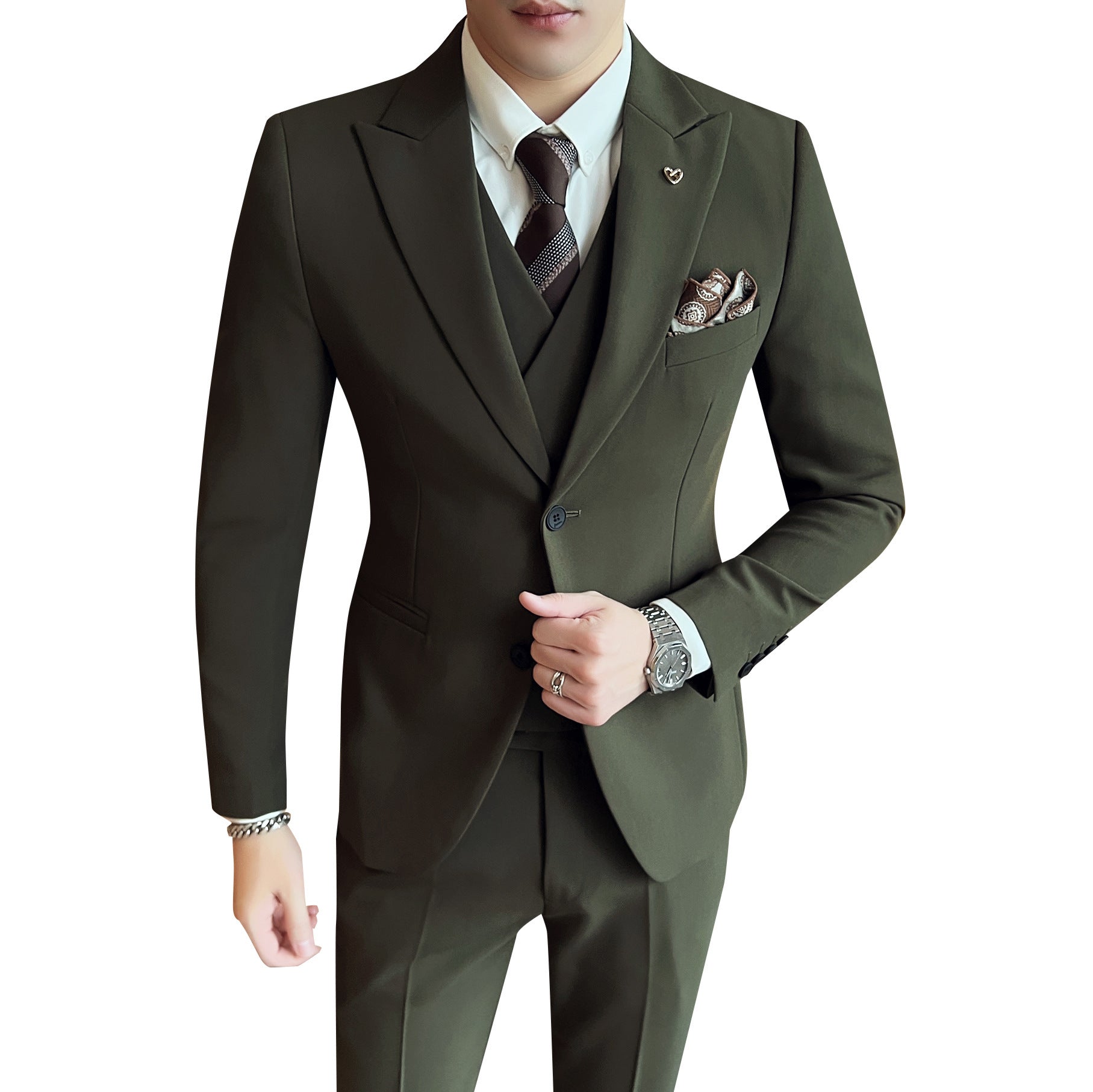 Slim Fit Three-Piece Suit with Double Buckle in Solid Color for Light Business Wear.