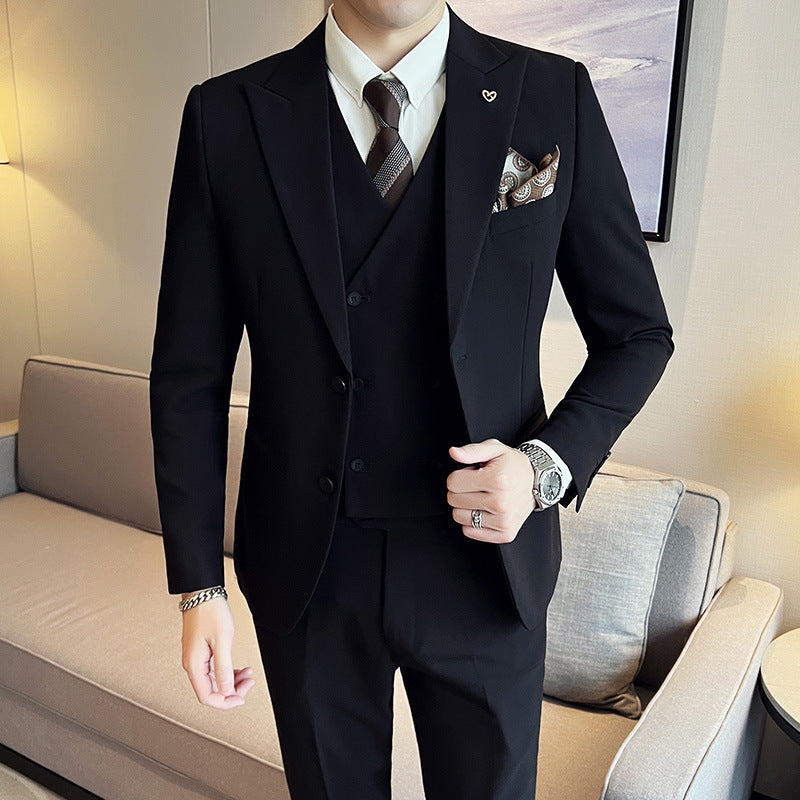 Slim Fit Three-Piece Suit with Double Buckle in Solid Color for Light Business Wear. Black