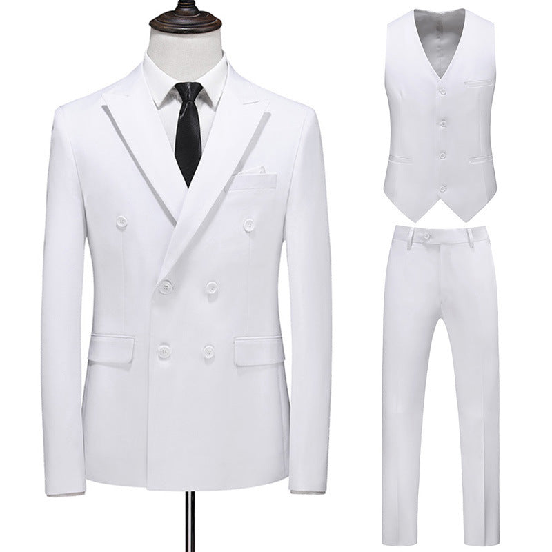 Men's Oversized Double Breasted Solid Color Suit Three Piece Set White