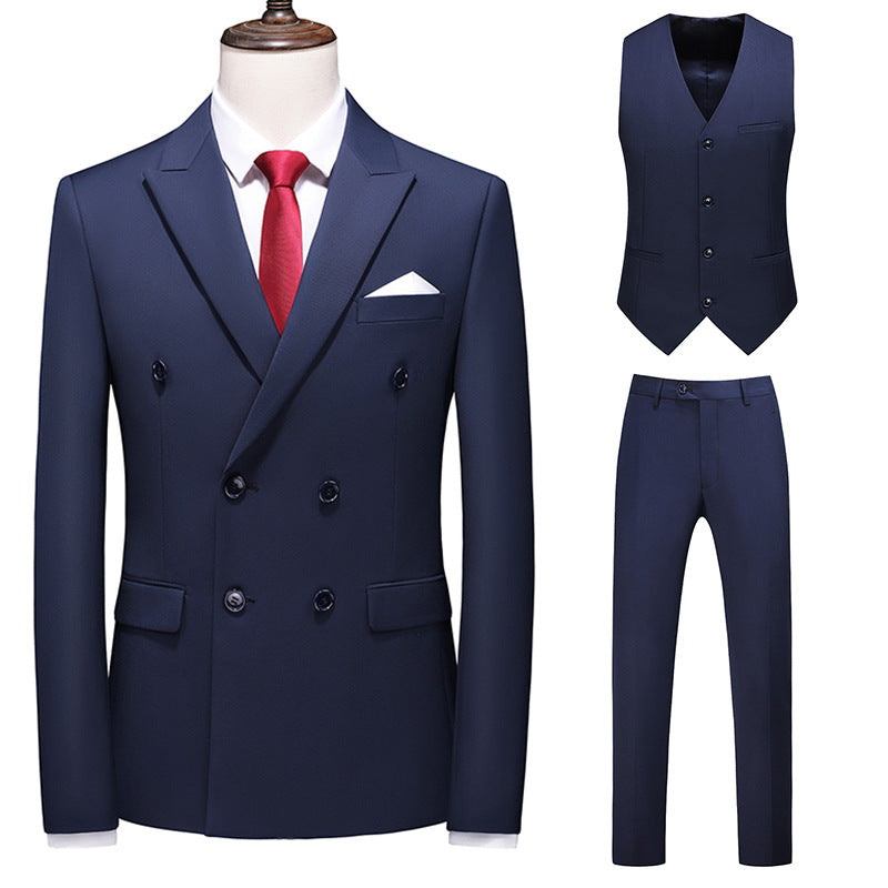 Men's Oversized Double Breasted Solid Color Suit Three Piece Set Navy Blue