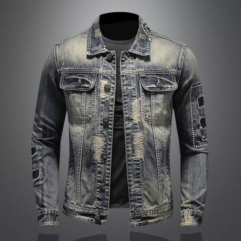 Retro Distressed Men's Denim Coat for Spring and Autumn