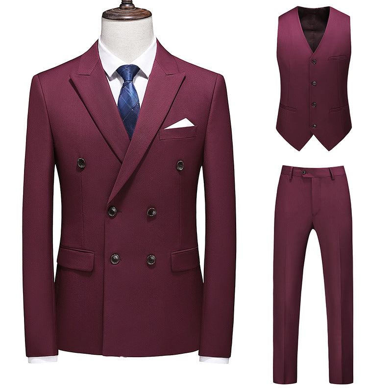 Men's Oversized Double Breasted Solid Color Suit Three Piece Set Wine Red