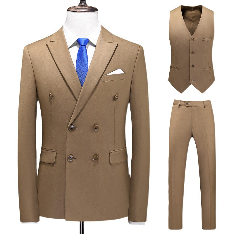 Men's Oversized Double Breasted Solid Color Suit Three Piece Set Khaki