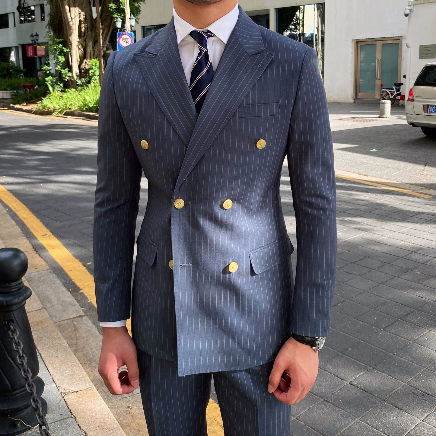 Homemade Fall and Winter Business British Style Slim Fit Suit Suit Blue(Suit + pants)