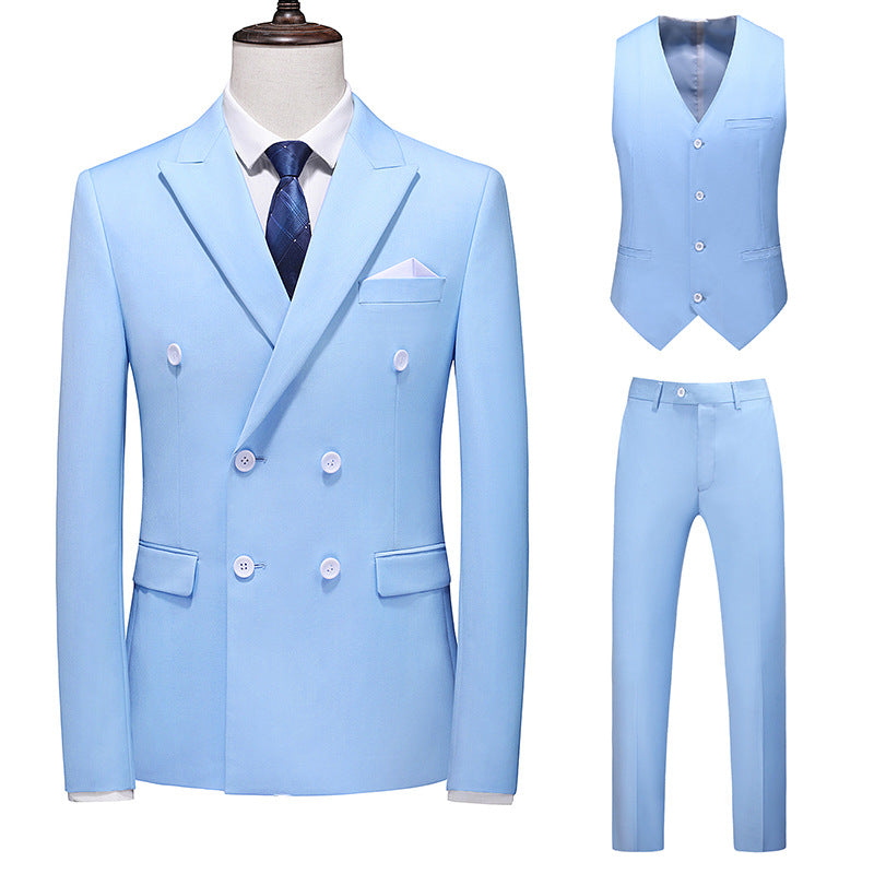 Men's Oversized Double Breasted Solid Color Suit Three Piece Set Sky Blue