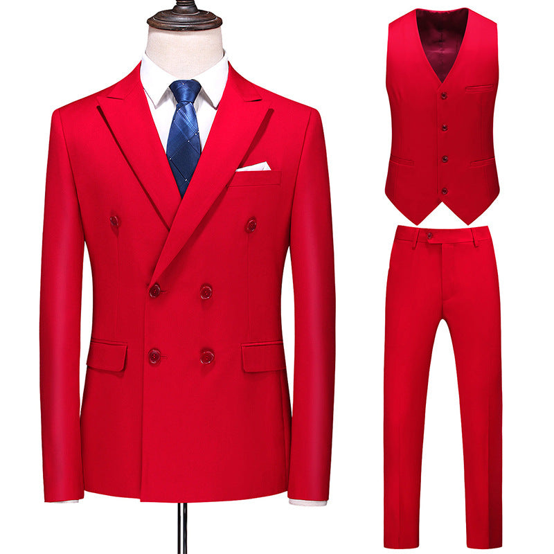 Men's Oversized Double Breasted Solid Color Suit Three Piece Set Bright Red