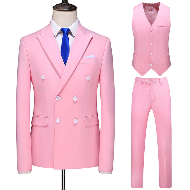 Men's Oversized Double Breasted Solid Color Suit Three Piece Set Pink