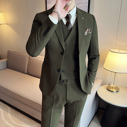 Slim Fit Three-Piece Suit with Double Buckle in Solid Color for Light Business Wear. Army Green