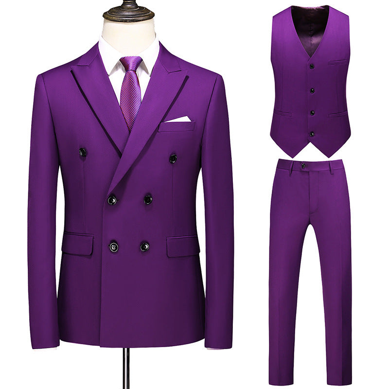 Men's Oversized Double Breasted Solid Color Suit Three Piece Set Purple