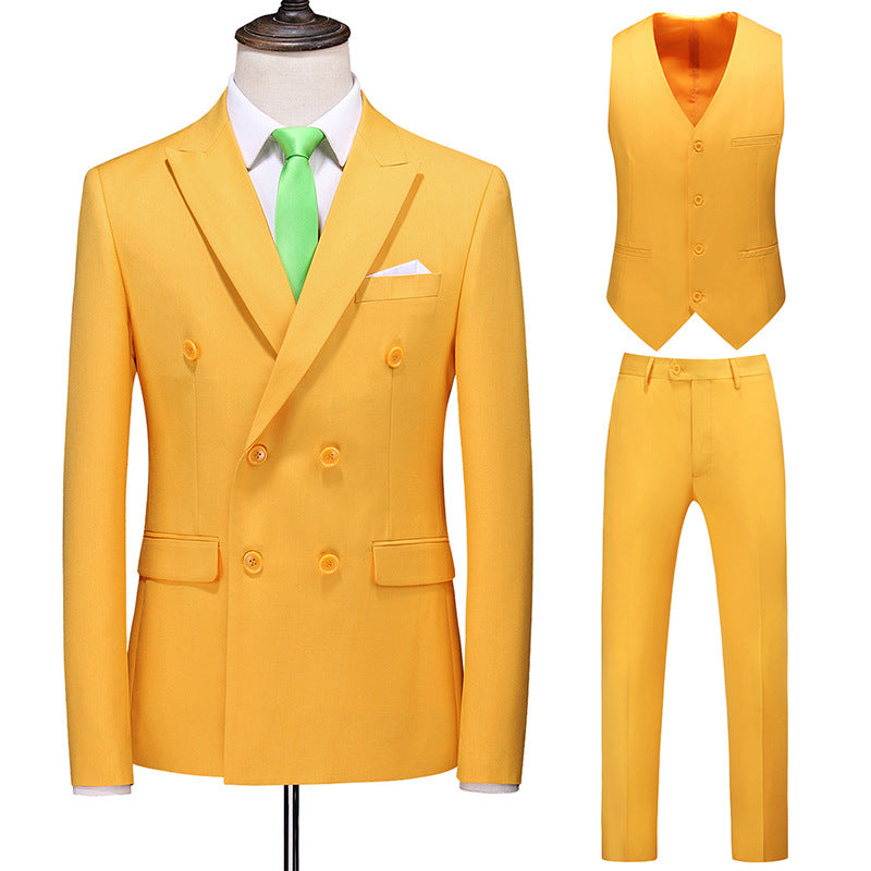 Men's Oversized Double Breasted Solid Color Suit Three Piece Set Orange