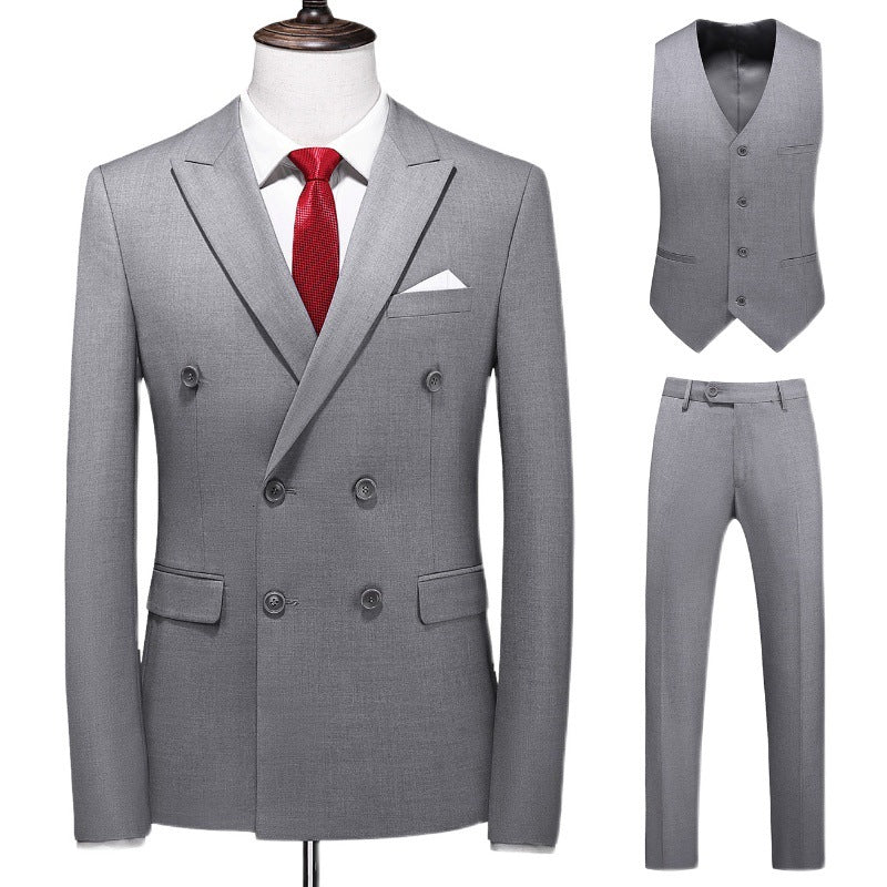 Men's Oversized Double Breasted Solid Color Suit Three Piece Set Gray