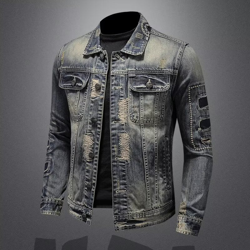 Retro Distressed Men's Denim Coat for Spring and Autumn Blue