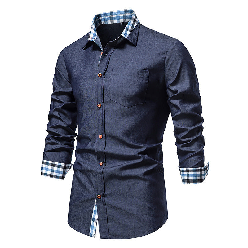 Men's Casual Denim Long-sleeved Shirt Dark Blue