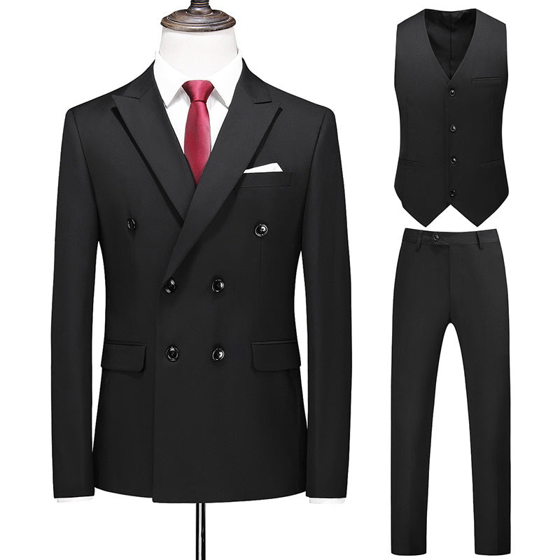 Men's Oversized Double Breasted Solid Color Suit Three Piece Set Black